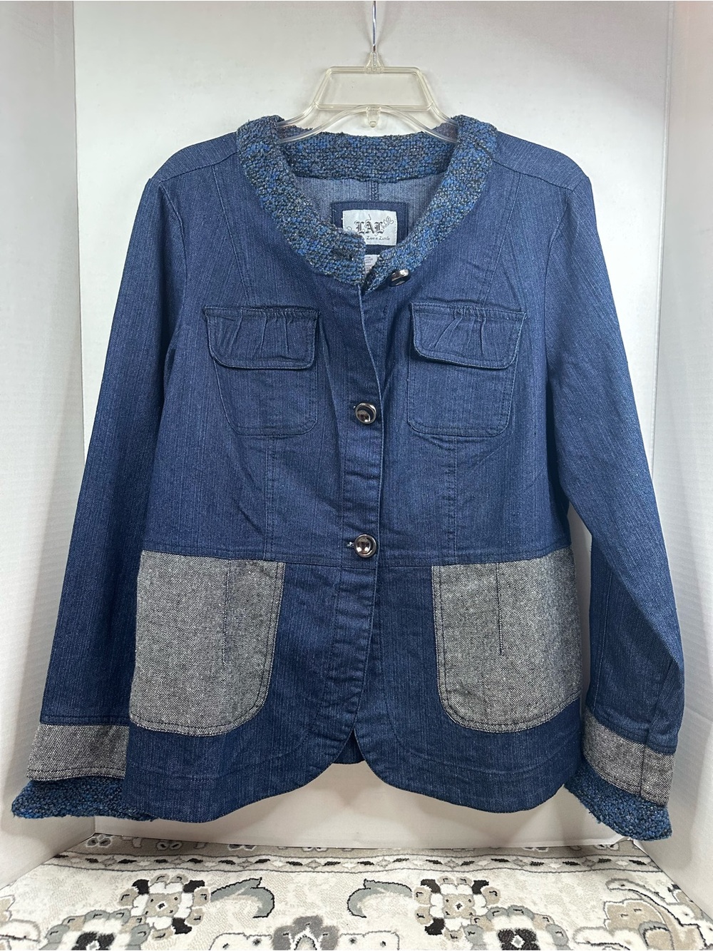 Live a Little Blue Denim Jacket with Gray Pocket Panels, twill collar, size L